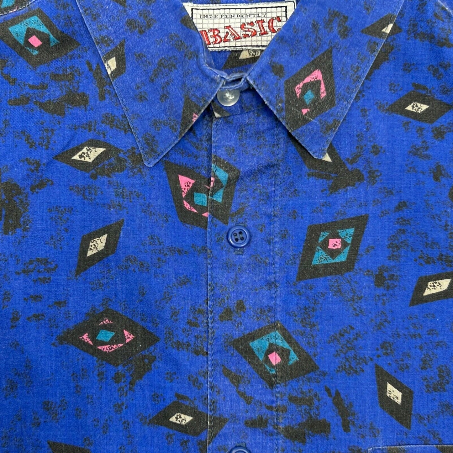 Vintage 90s Geometric Button Front Shirt Mens Large Skater Surfer Surfing Blue