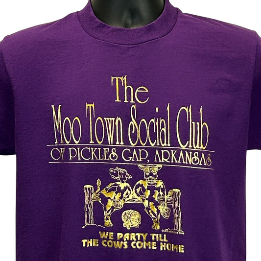 Vintage The Moo Town Social Club T Shirt Mens Medium Pickles Gap Arkansas Purple