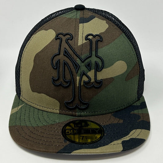 New York NY Mets Camo Trucker Hat Baseball Cap Fitted 7 1/4 New Era MLB Green - Neon Vintage