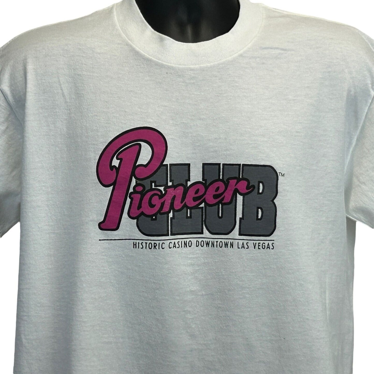 Camiseta vintage Pioneer Club Las Vegas para hombre, camiseta blanca grande con estampado de casino de juego, años 90