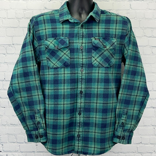RVCA That'll Work Flannel Button Front Shirt M Medium Green Plaid Pockets Cotton