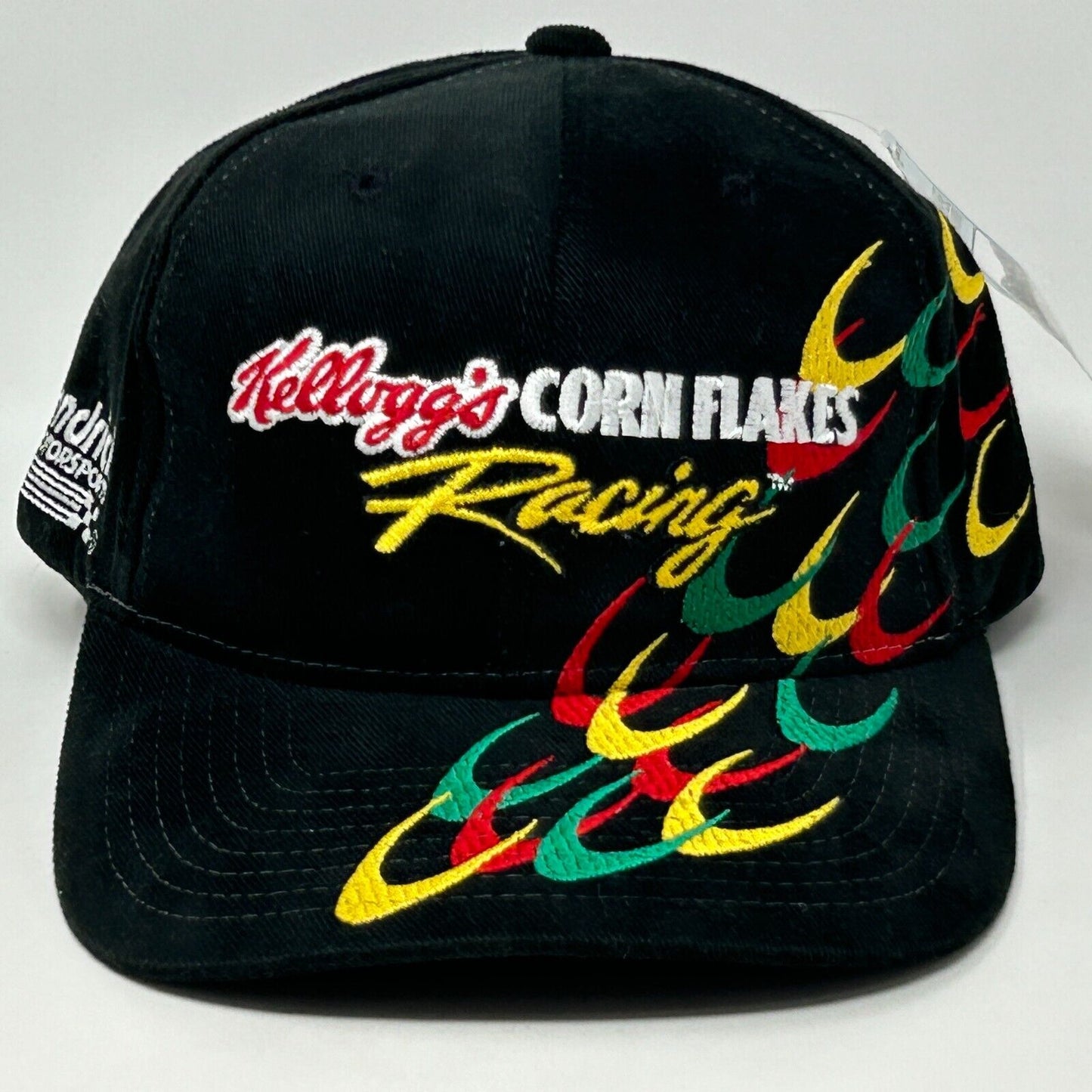 Gorra de béisbol vintage de NASCAR con diseño de Kellogg's Corn Flakes Racing de los años 90, color negro