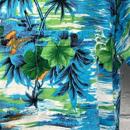 Vintage 90s Bruno Hawaiian Button Front Shirt Blue Beach Short Sleeve M Medium