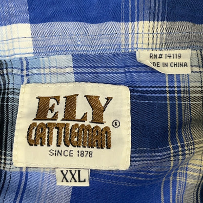 Ely Cattleman Pearl Snap Button Front Shirt Western LS Plaid Blue Mens 2XL XXL