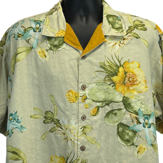 Tommy Bahama Silk Hawaiian Button Front Camp Shirt Beige Cactus Flowers Large