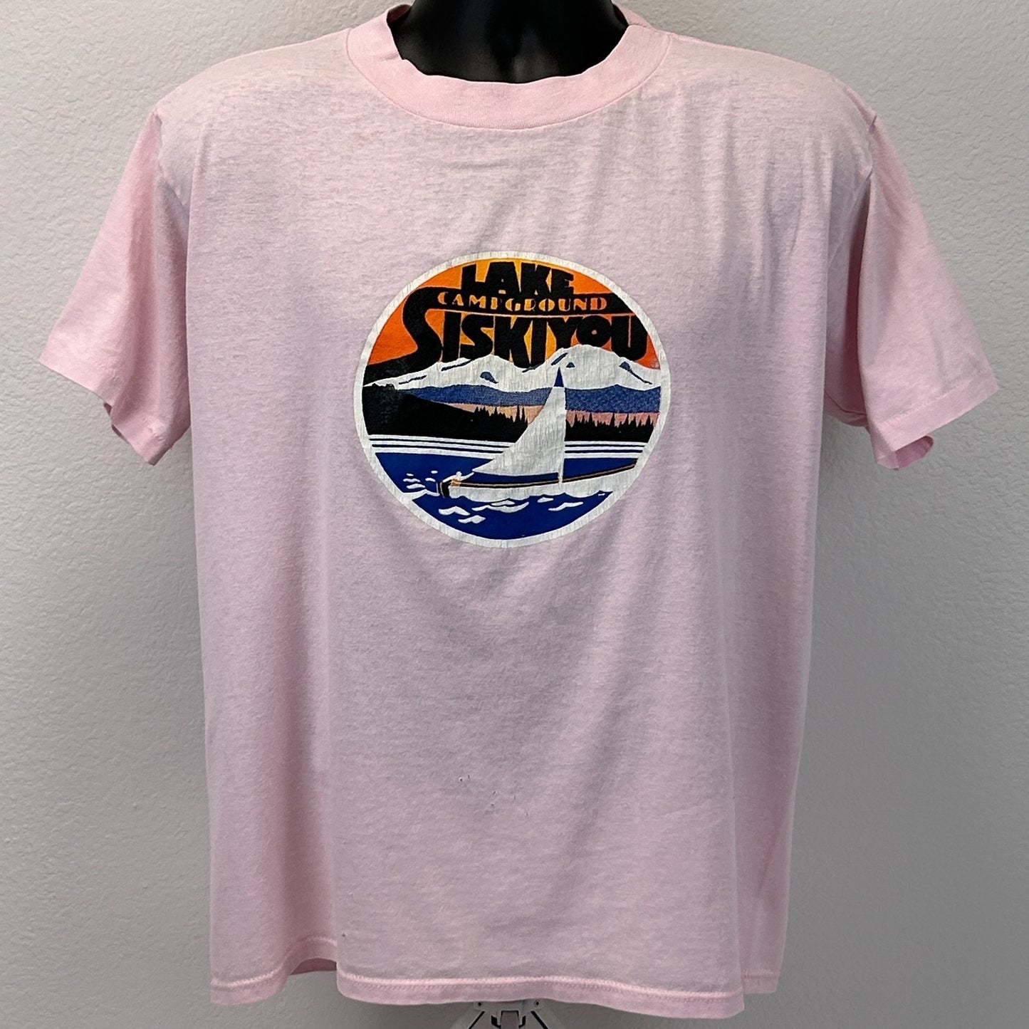 Vintage 90s Lake Siskiyou Campground T Shirt California Sailboat Pink L Large