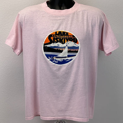 Vintage 90s Lake Siskiyou Campground T Shirt California Sailboat Pink L Large