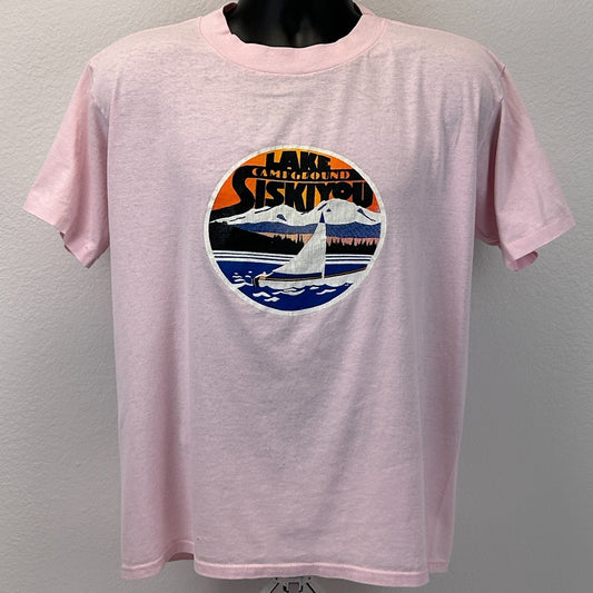 Vintage 90s Lake Siskiyou Campground T Shirt California Sailboat Pink L Large - Neon Vintage