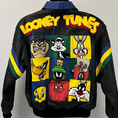 Vintage 90s Looney Tunes Leather Bomber Jacket 1997 Warner Bros Black L Large