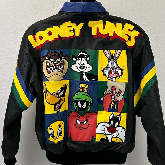 Vintage 90s Looney Tunes Leather Bomber Jacket 1997 Warner Bros Black L Large - Neon Vintage