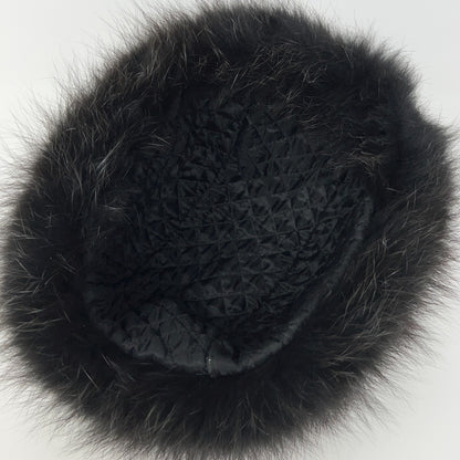Leather and Fur Mongolian Cossack Roller Hat 59cm Black Brown Quilted Vintage