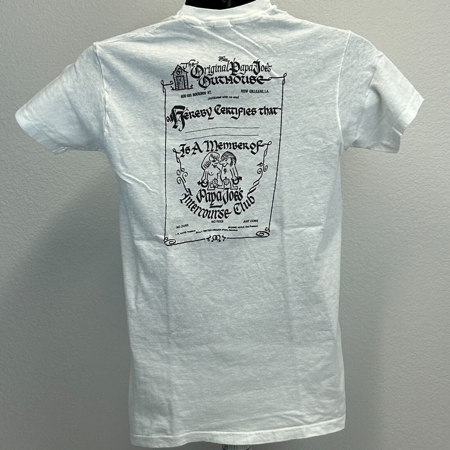 Vintage Papa Joes Intercourse Club T Shirt Mens Small New Orleans NOLA 70s White