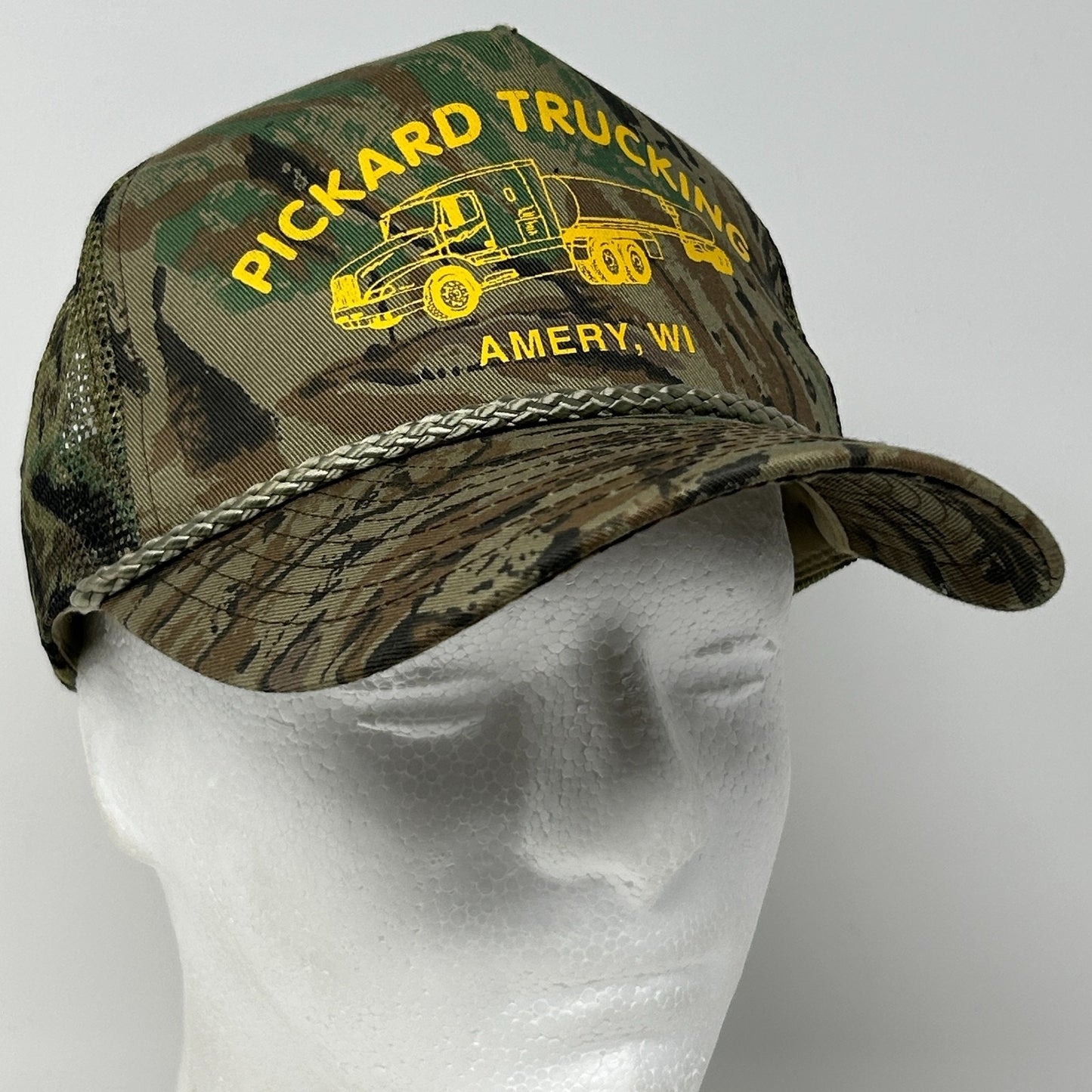 Vintage 90s Pickard Trucking Trucker Hat Baseball Cap Camo Mesh Snapback Green