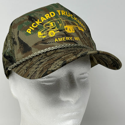 Vintage 90s Pickard Trucking Trucker Hat Baseball Cap Camo Mesh Snapback Green