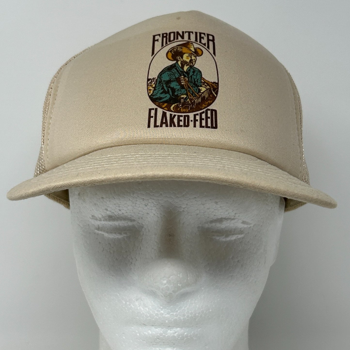 Vintage 80s Frontier Flaked Feed Trucker Hat Baseball Cap Farmer Beige Snapback - Neon Vintage