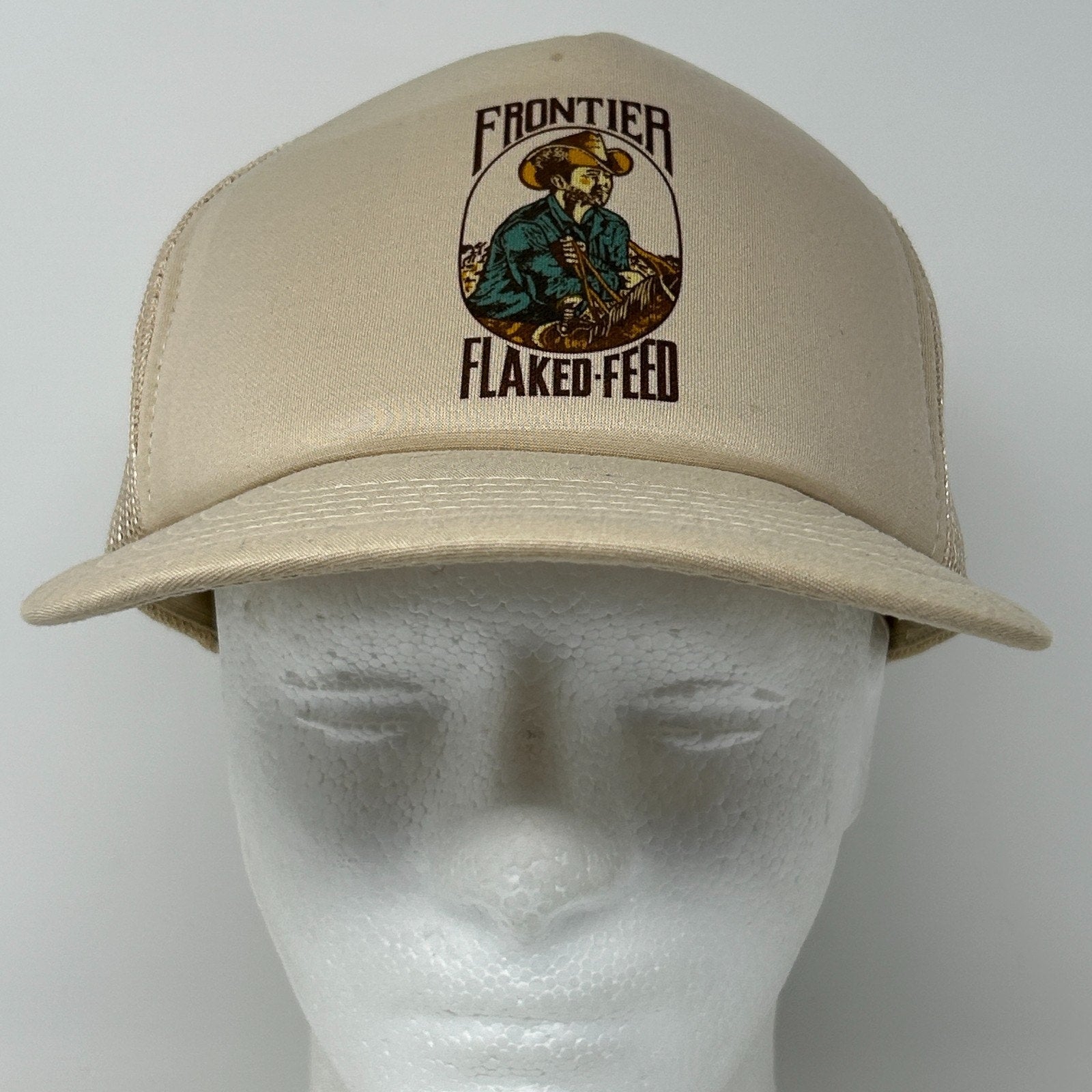 Vintage 80s Frontier Flaked Feed Trucker Hat Baseball Cap Farmer Beige Snapback - Neon Vintage
