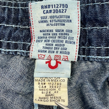 True Religion Isaac Denim Basic Cargo Jean Shorts Frayed Cut Off Blue Mens 42