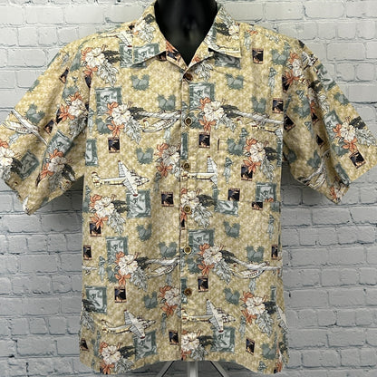 Vintage 90s OP Ocean Pacific PanAir Hawaiian Camp Shirt Beige Aviation M Medium