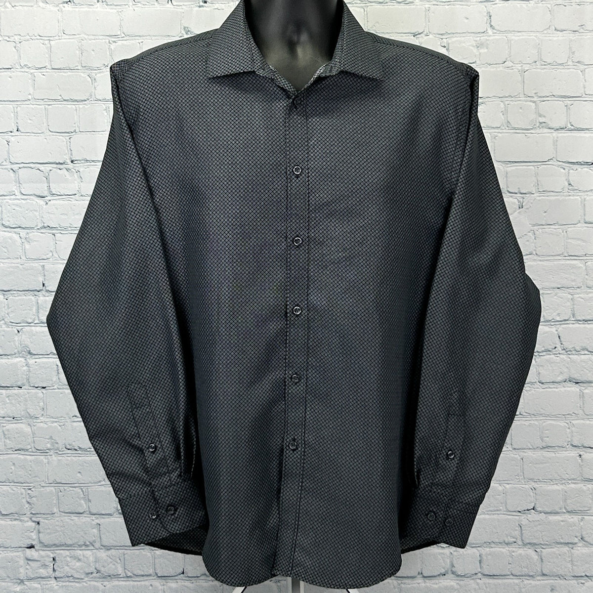Nicole Miller Button Front Dress Shirt Black Gray Geometric Mens L Large 16-16.5