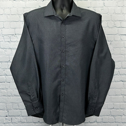 Nicole Miller Button Front Dress Shirt Black Gray Geometric Mens L Large 16-16.5