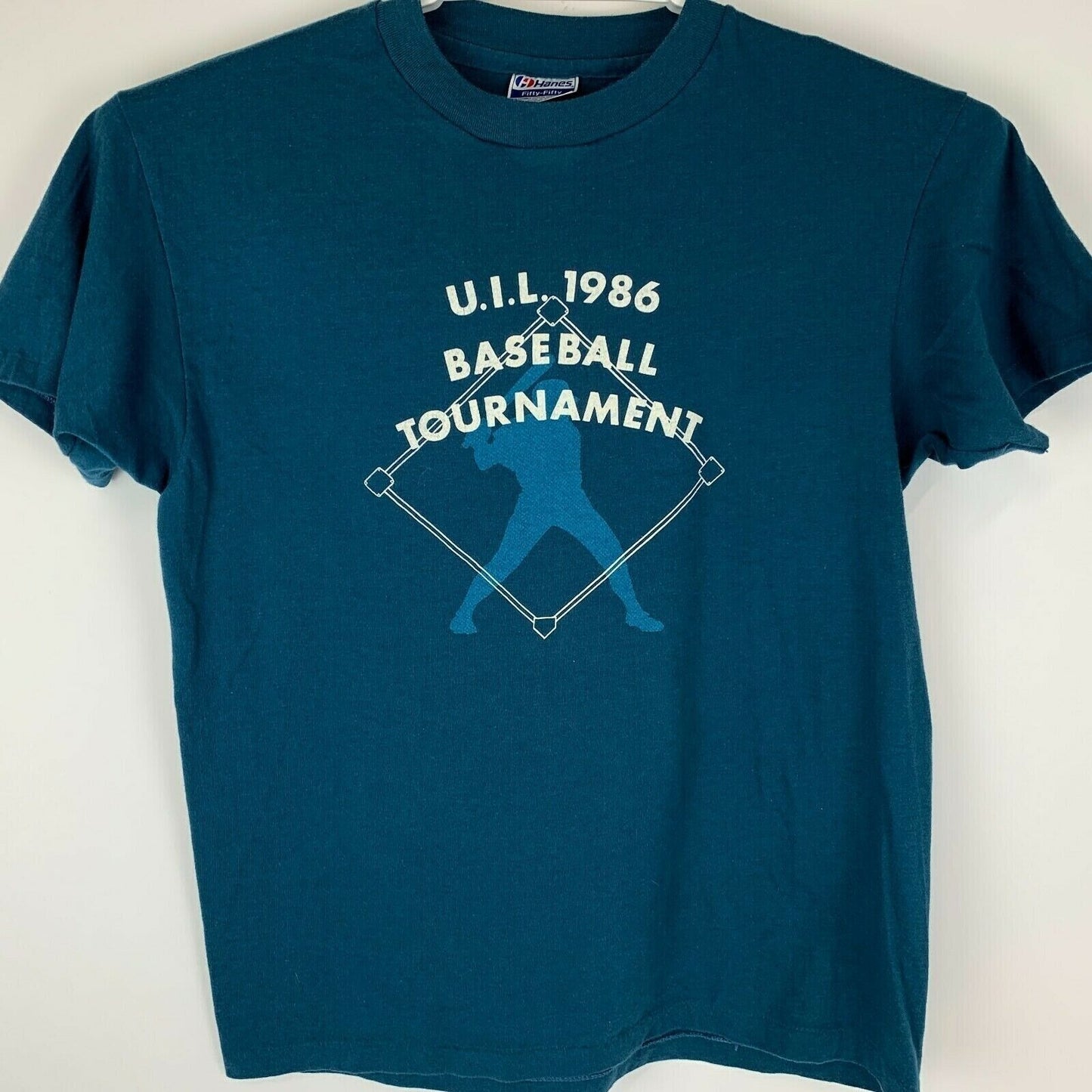 Camiseta vintage del torneo de béisbol UIL, talla mediana, 1986, Texas, años 80, fabricada en EE. UU., para hombre, azul