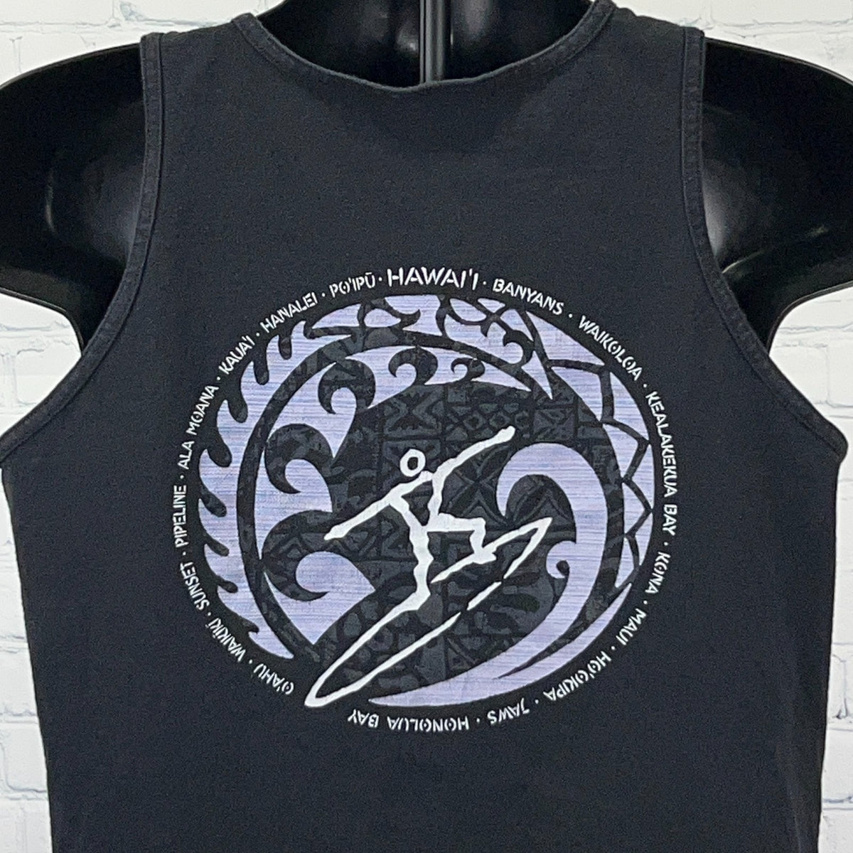 Wave Rider Surf Co Hawaii Tank Top M Medium Black Surfing Beach Graphic Shirt