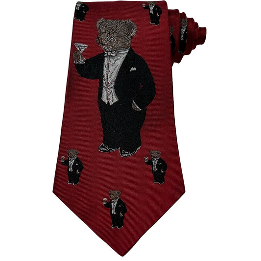 Polo Ralph Lauren Martini Tuxedo Bear Silk Tie Vintage 90s Necktie USA Mens Red