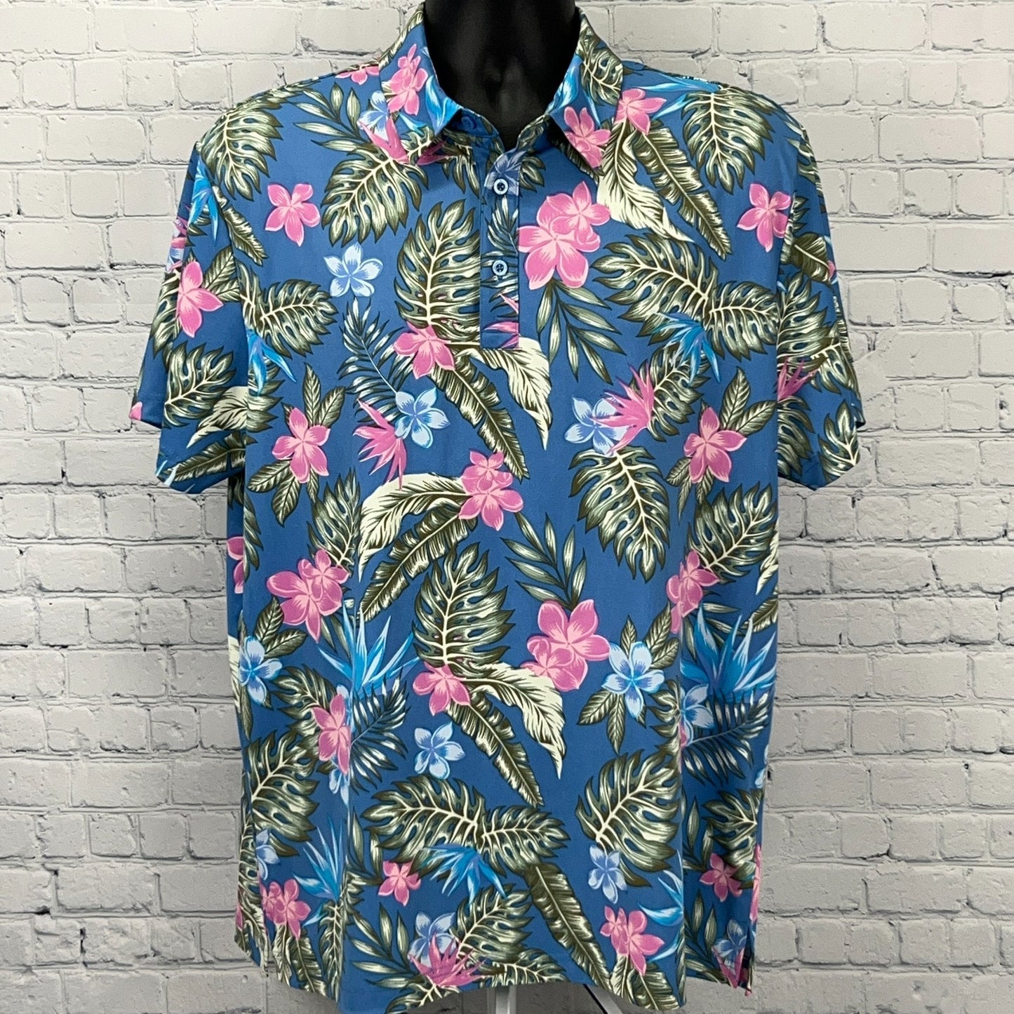 Birdie Bound Hawaiian Golf Polo Shirt Mens L Large Blue Golfer Tropical Floral