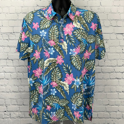 Birdie Bound Hawaiian Golf Polo Shirt Mens L Large Blue Golfer Tropical Floral