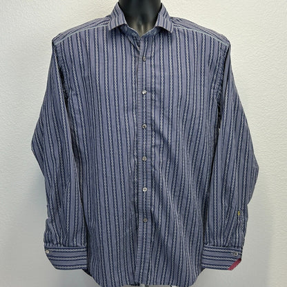 Robert Graham Button Front Shirt Large Striped Button Up Button Down Mens Blue