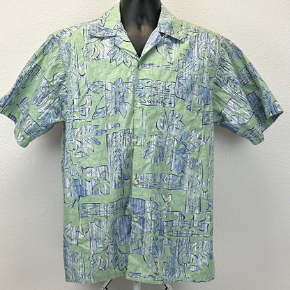 Go Barefoot Hawaiian Button Front Camp Shirt Reverse Print USA Green L Large