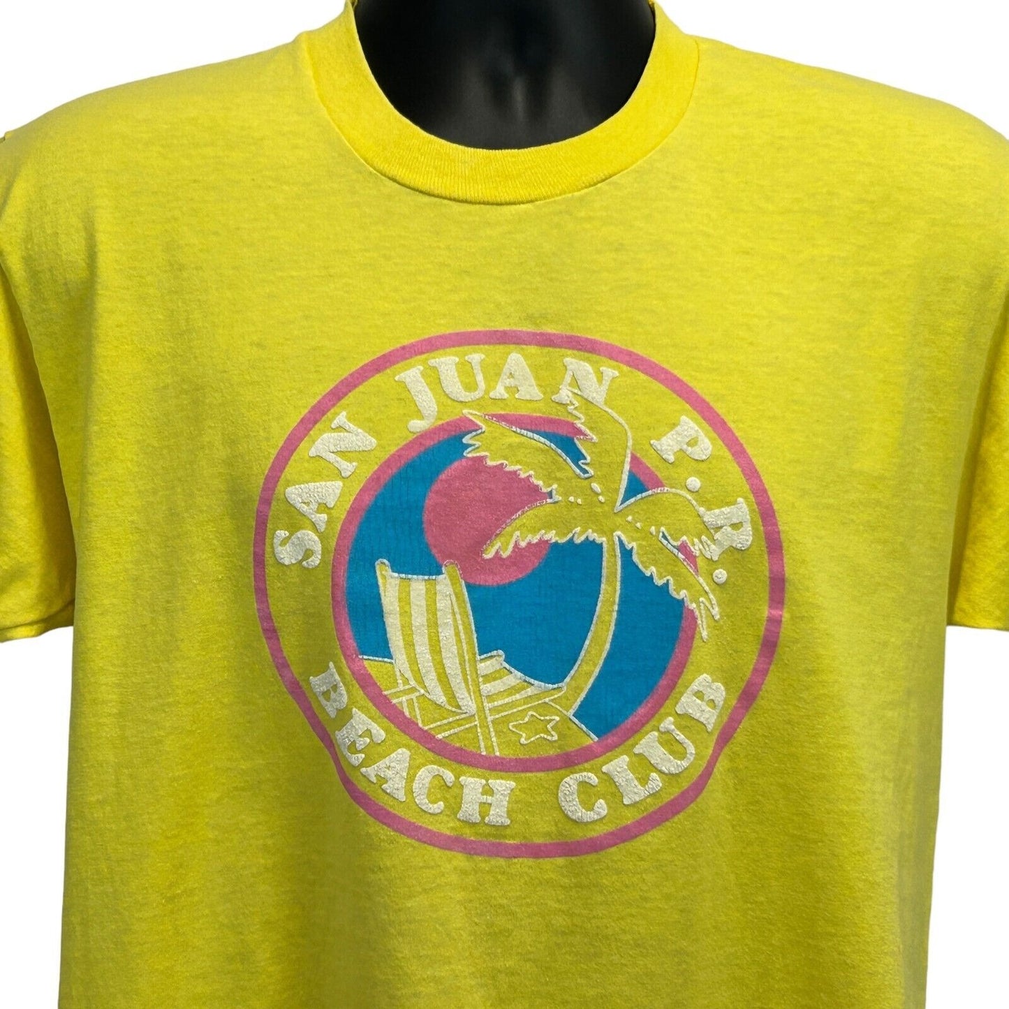 San Juan Puerto Rico Beach Club Vintage T Shirt Medium 80s Travel Mens Yellow