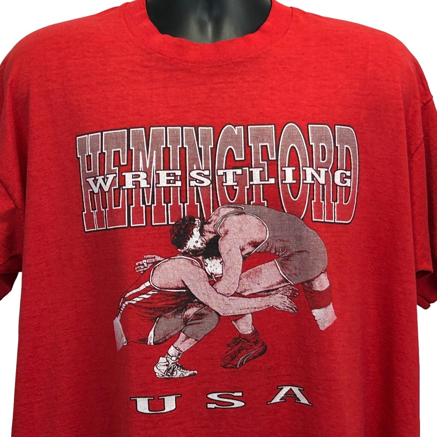 Camiseta de lucha libre Hemingford XXL 2XL Vintage 90s Nebraska High School para hombre roja