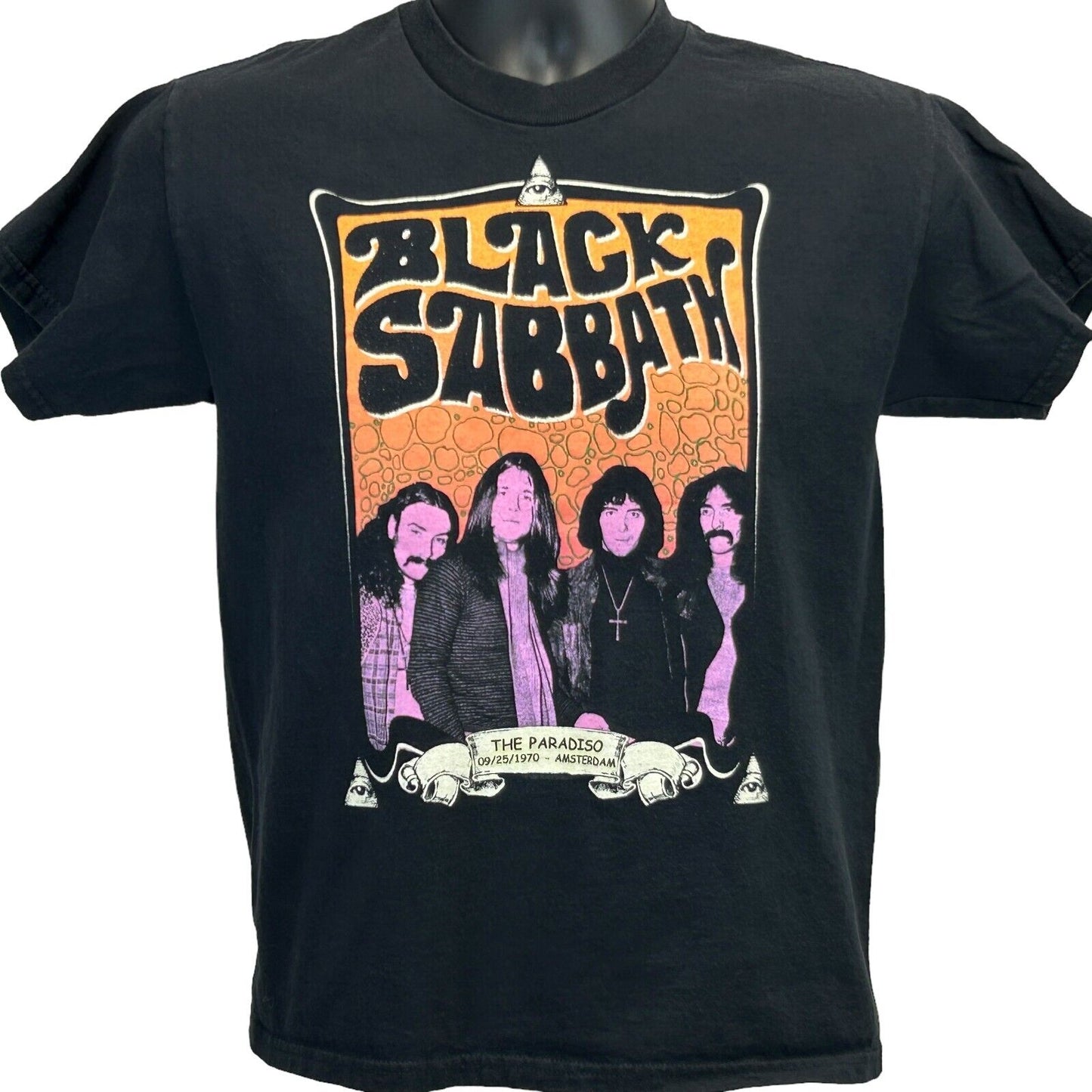 Camiseta negra para hombre The Paradiso Amsterdam de Black Sabbath, talla pequeña, concierto de 1970, estilo retro