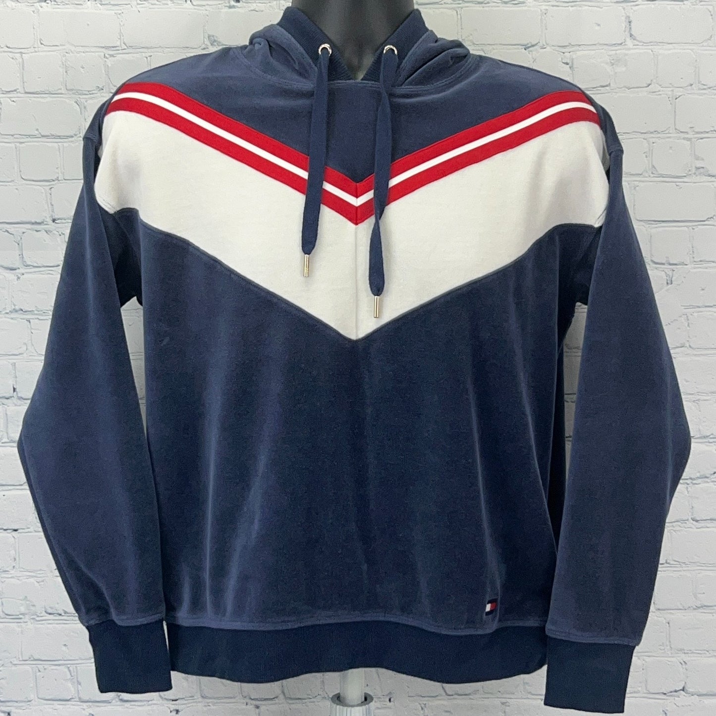 Tommy Hilfiger Sport Velour Hoodie Womens M Medium Blue Red White Hooded Velvet