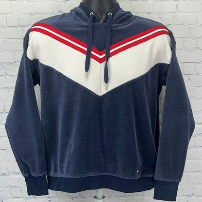 Tommy Hilfiger Sport Velour Hoodie Womens M Medium Blue Red White Hooded Velvet