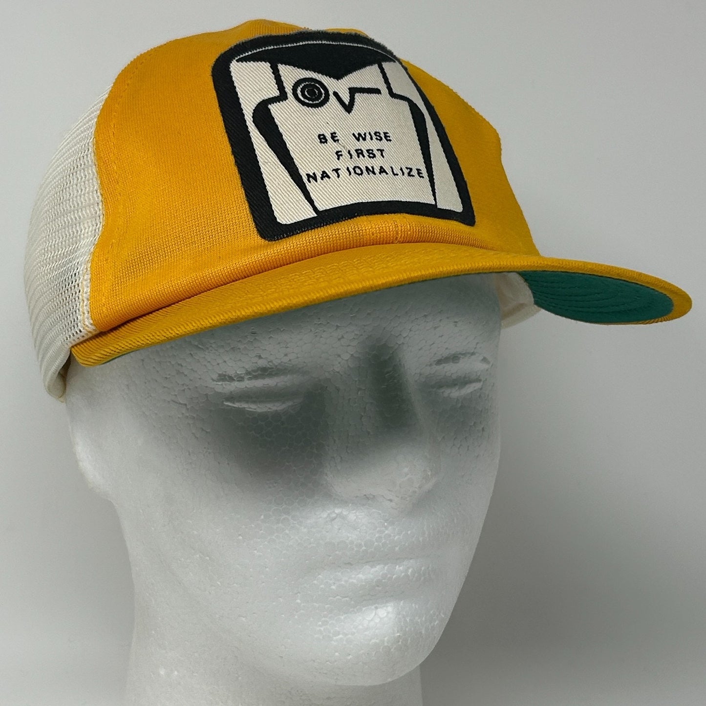 Vintage 70s First National Bank Trucker Hat Baseball Cap FNC Snapback Yellow