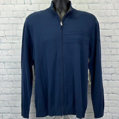 DKNY Full Zip Mock Neck Sweater Long Sleeve Cotton Navy Blue Mens L Large - Neon Vintage