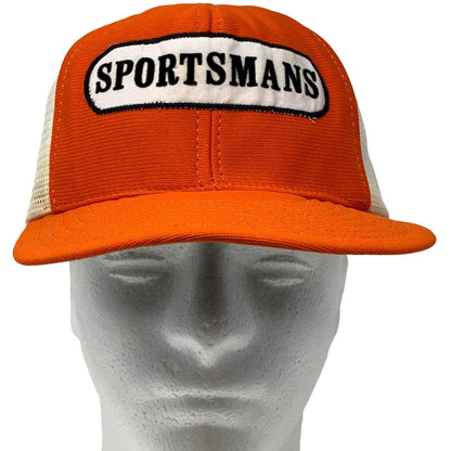 Sportsmans Trucker Hat Vintage 80s Made In USA Orange Mesh Snapback Baseball Cap