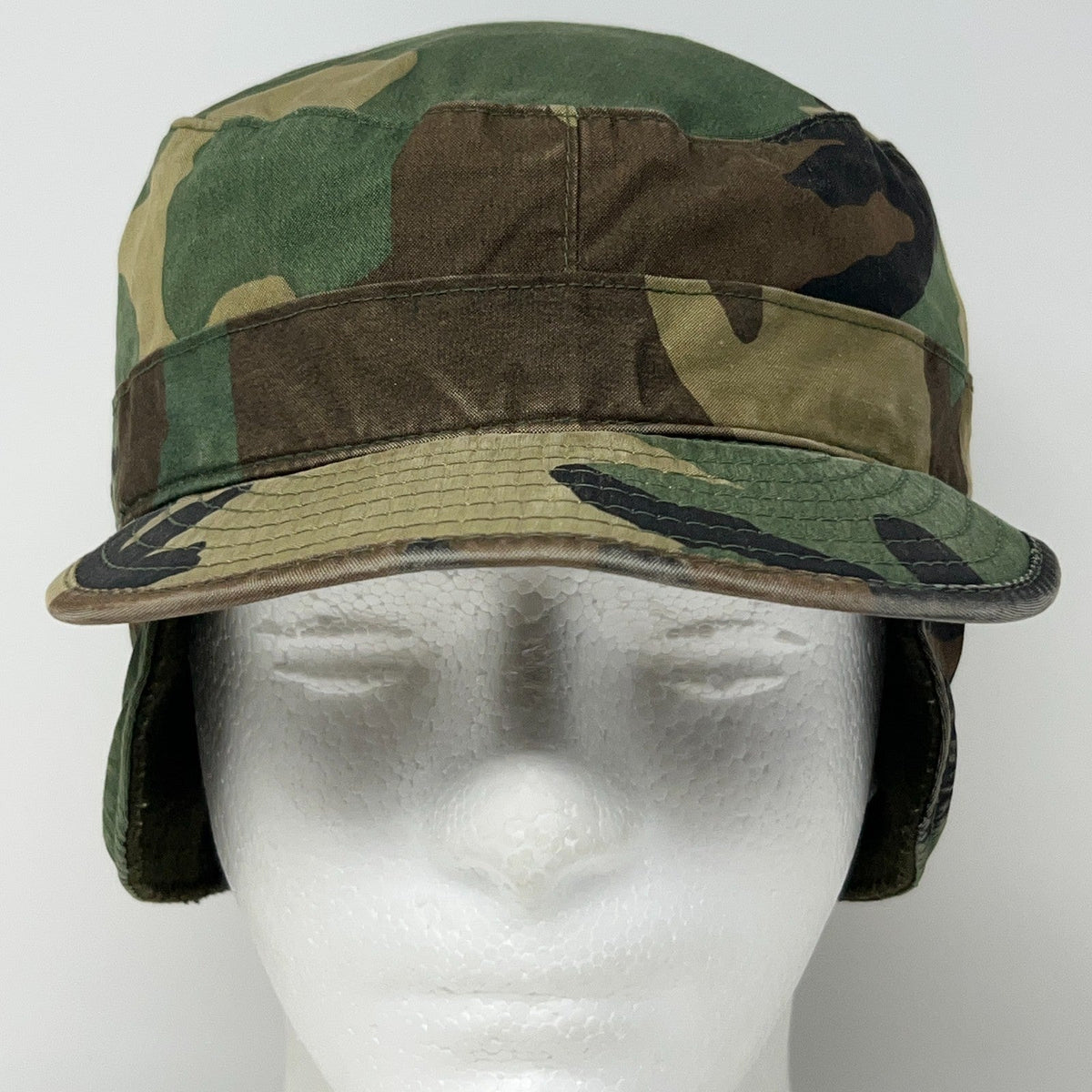 Vintage 80s US Army Woodland Camo Patrol Cap Ear Flaps BDU Military Hat 7 1/8