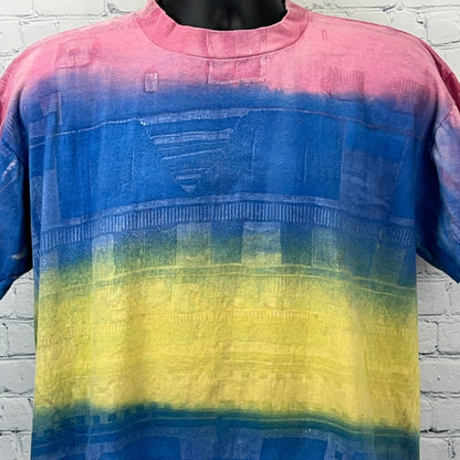 Vintage 90s Protest Knitwear T Shirt Striped Tie Dye Geometric Pink XL X-Large