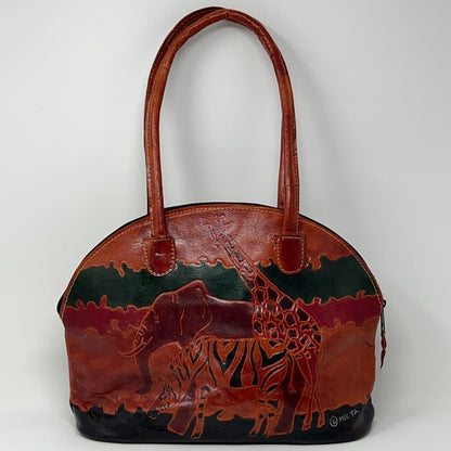 Vintage 90s Tooled Hand Painted Leather Safari Handbag Giraffe Elephant Zebra