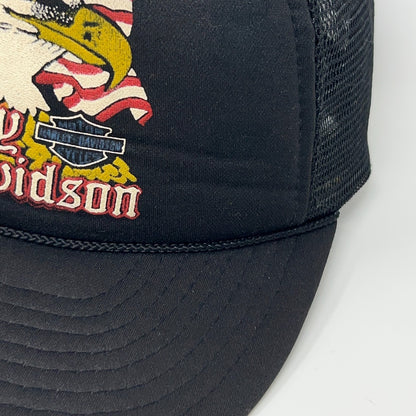 Vintage 80s Harley Davidson Trucker Hat Baseball Cap Eagle Flag Snapback Black