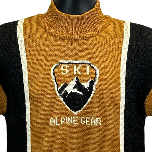 Vintage Ski Alpine Gear Mock Neck Sweater Mens Small Skiing Skier Alps Yellow