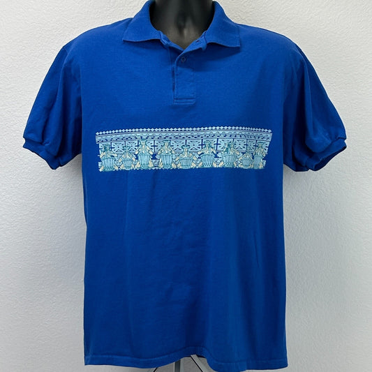 Vintage 90s Hawaiian Pahu Drumming Polo Shirt Hawaii Luau Drum Blue Mens L Large