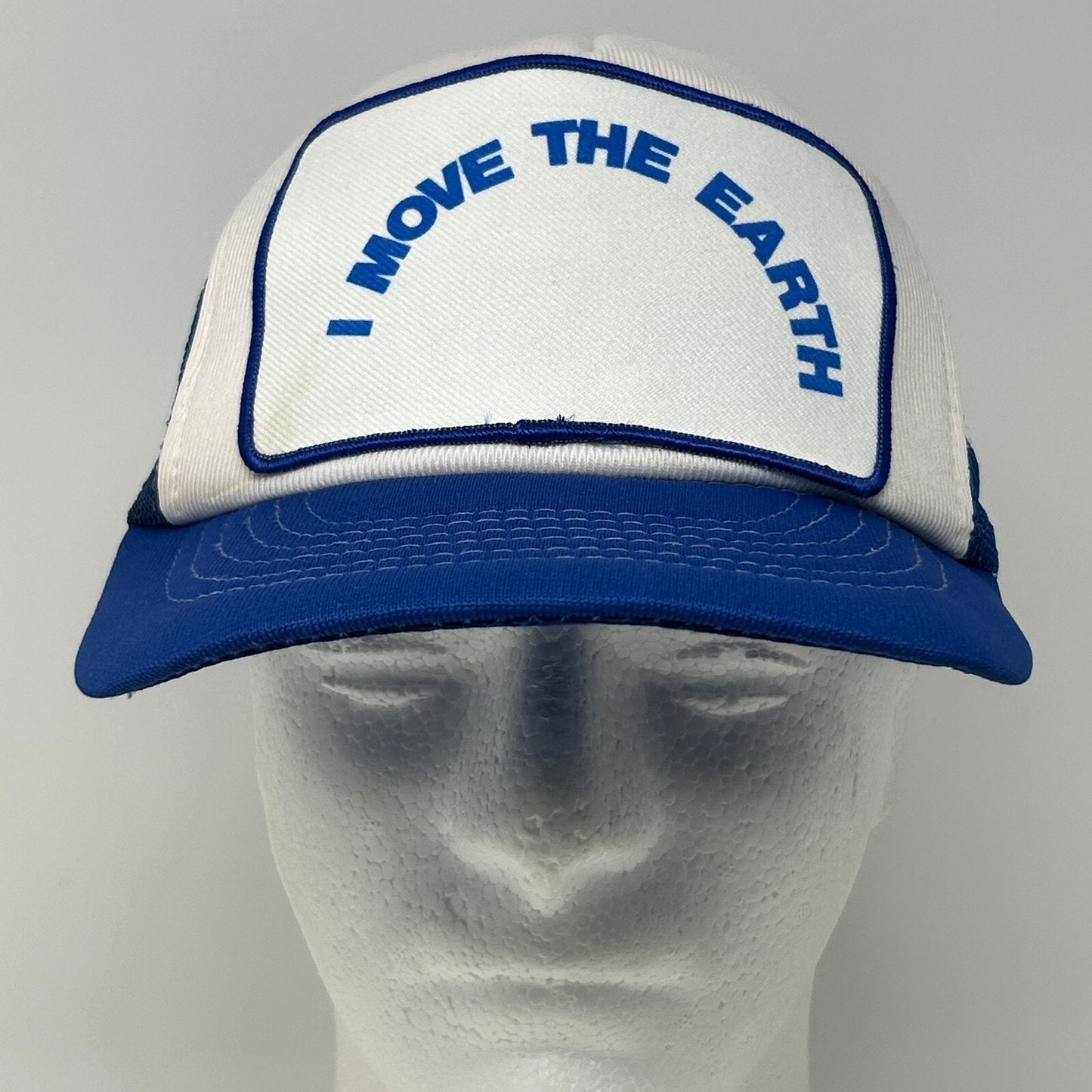Vintage 80s I Move The Earth Patch Trucker Hat Cap Blue Mesh Snapback 5 Panel