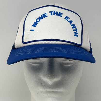 Vintage 80s I Move The Earth Patch Trucker Hat Cap Blue Mesh Snapback 5 Panel