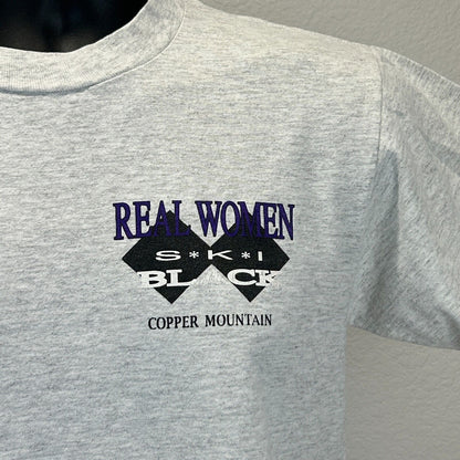 Vintage Real Women Ski Black T Shirt Unisex Small Copper Mountain Skiing Gray Womens