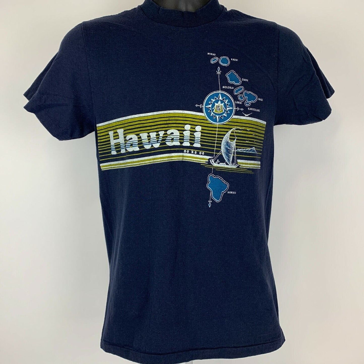 Camiseta vintage Hawaii No Ka Oe de los años 70, talla XS, talla X, color azul hawaiano, fabricada en EE. UU.