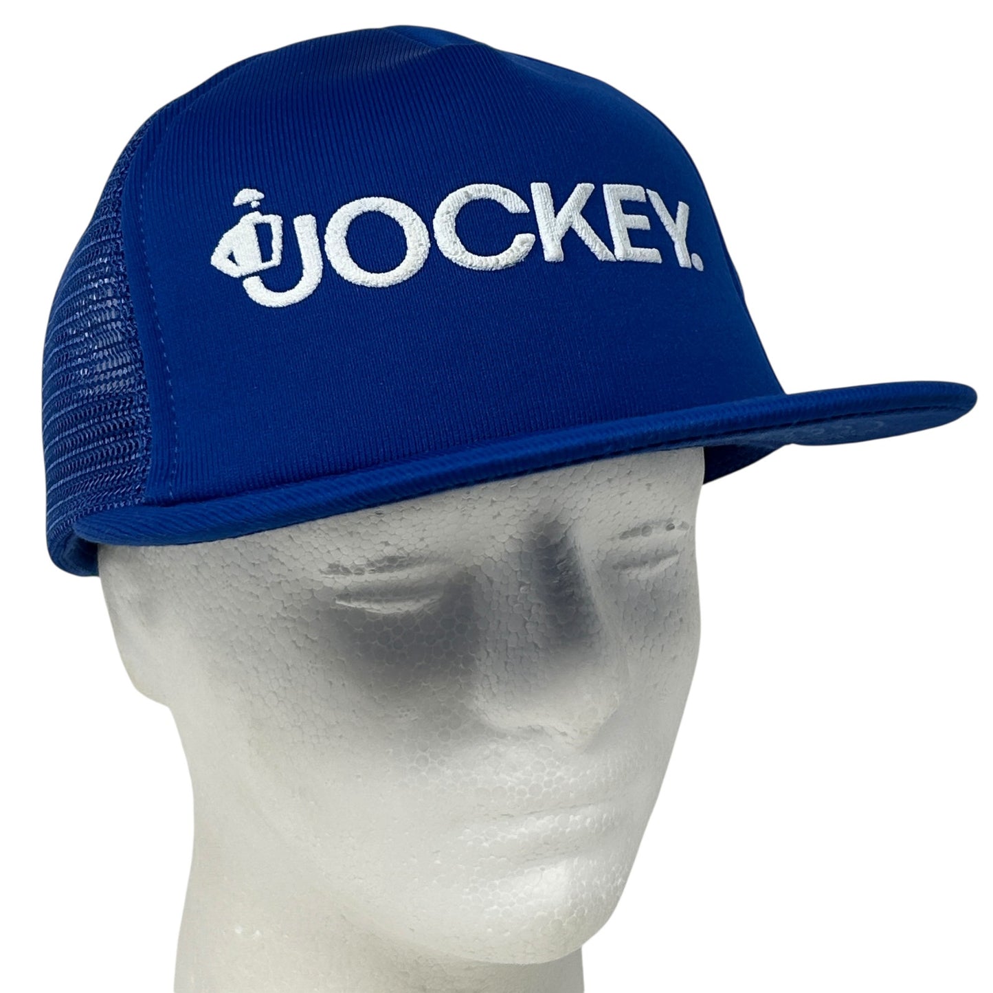 Vintage Jockey Brand Trucker Hat Cap Blue 80s Logo Mesh Snapback Foam Front